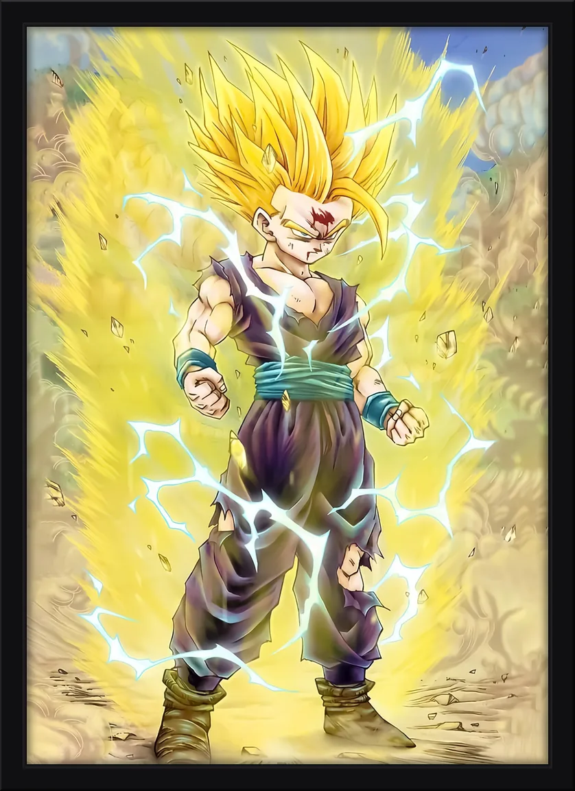 Quadro decorativo Gohan em Super Saiyajin 2 com raios e aura dourada