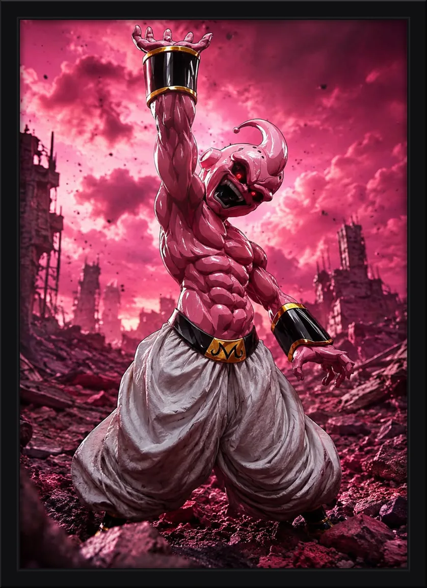 Quadro decorativo Majin Boo em pose de força sobre céu rosa, Dragon Ball