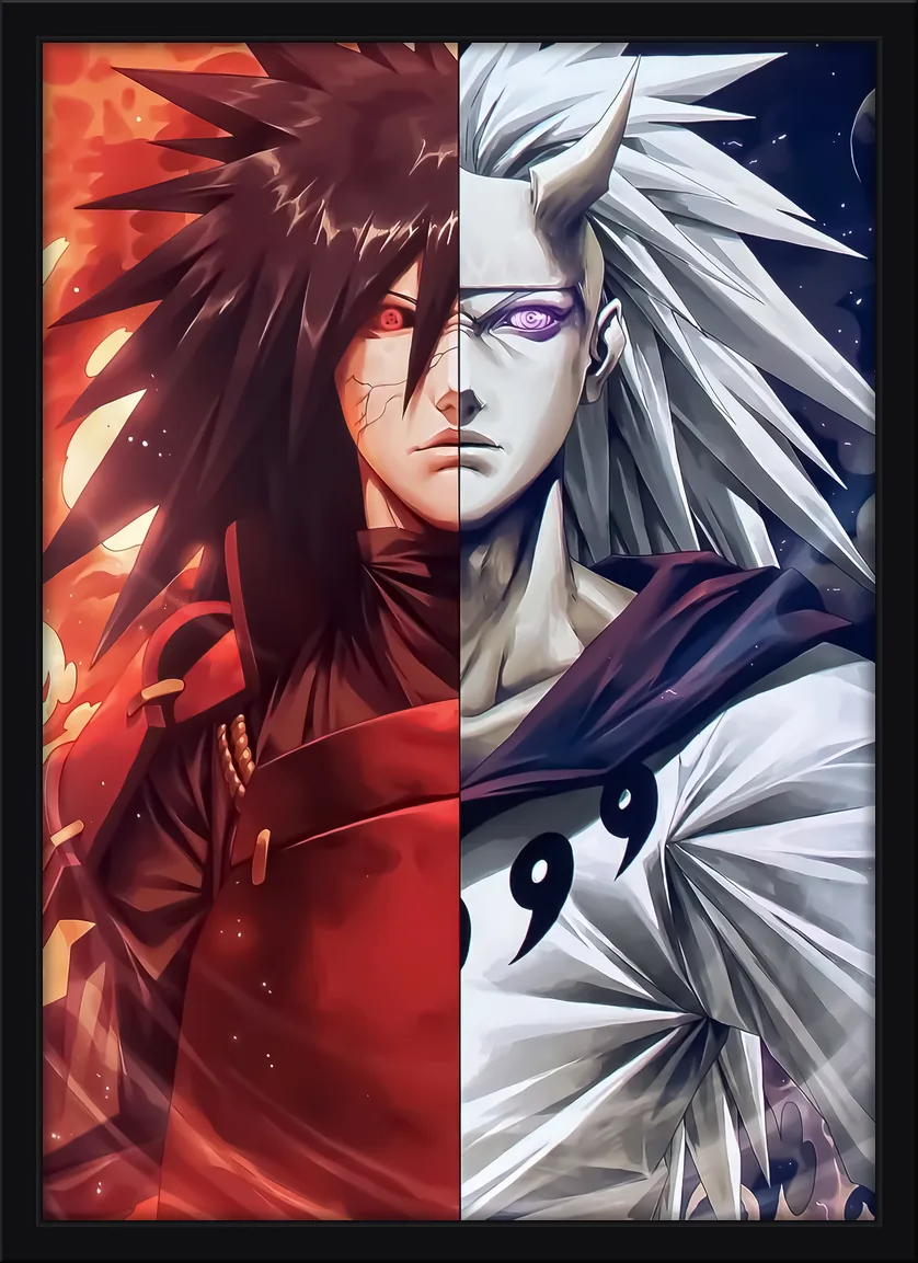 Quadro decorativo Madara Uchiha dividido entre a forma Uchiha e a Rikudou
