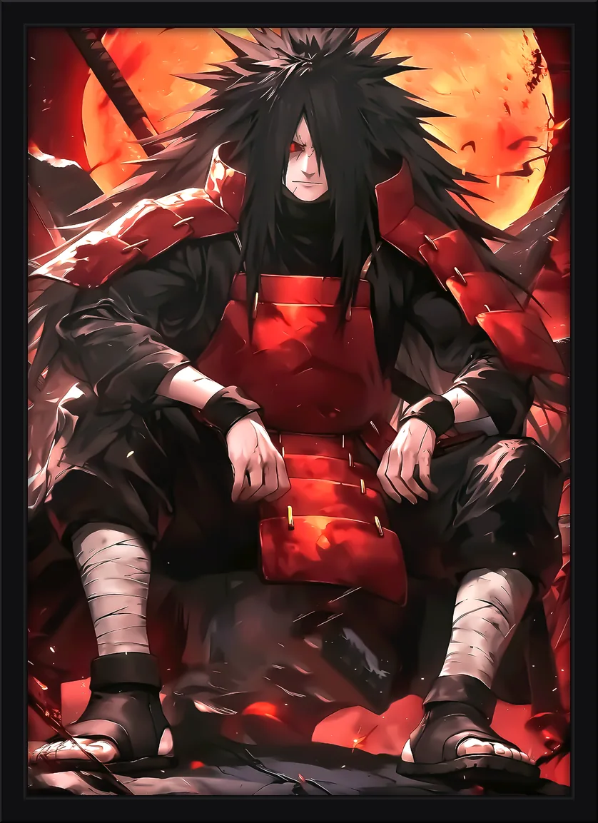 Quadro decorativo Madara Uchiha sentado em armadura vermelha sob a lua