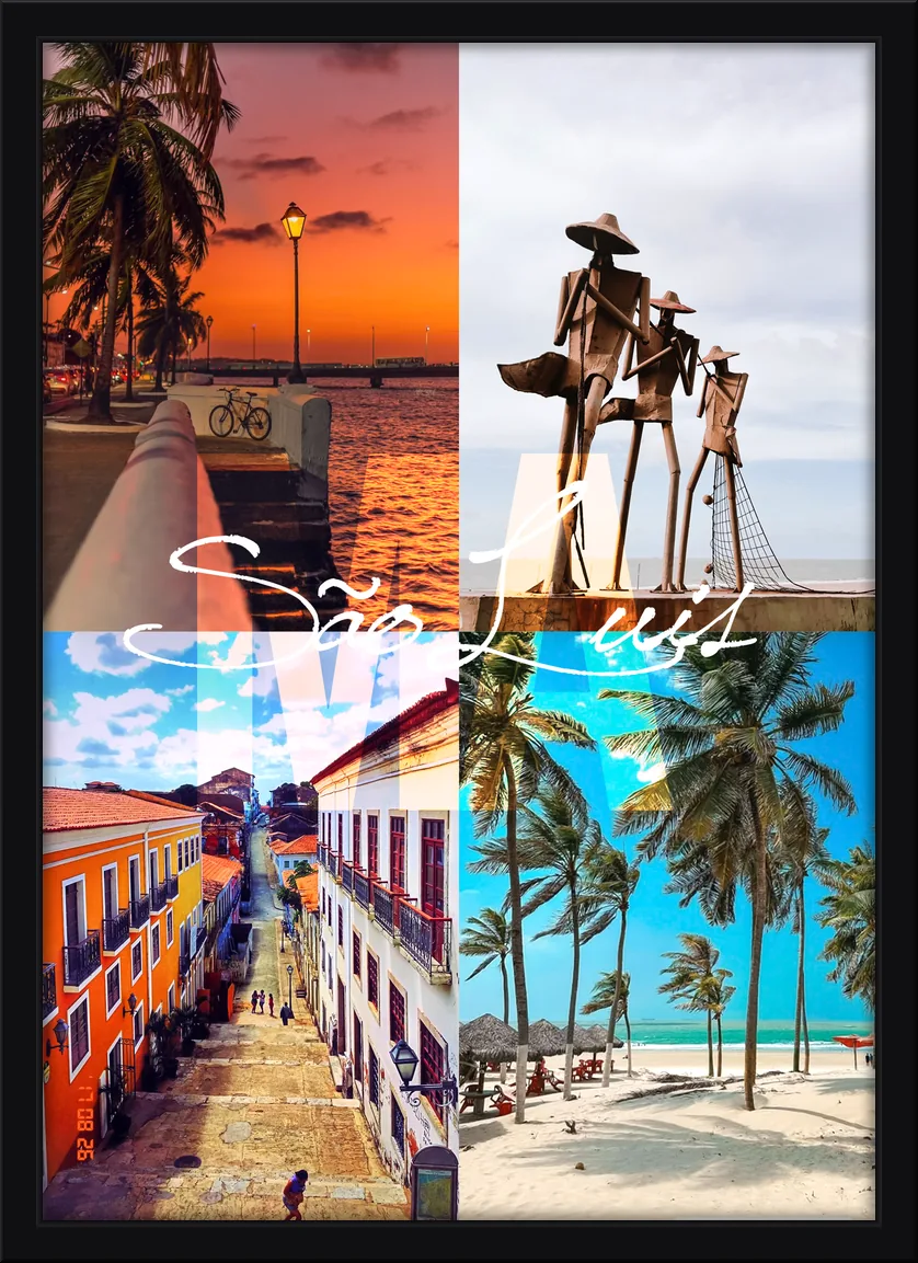 Quadro decorativo São Luís do Maranhão com o centro histórico, praia e pôr do sol