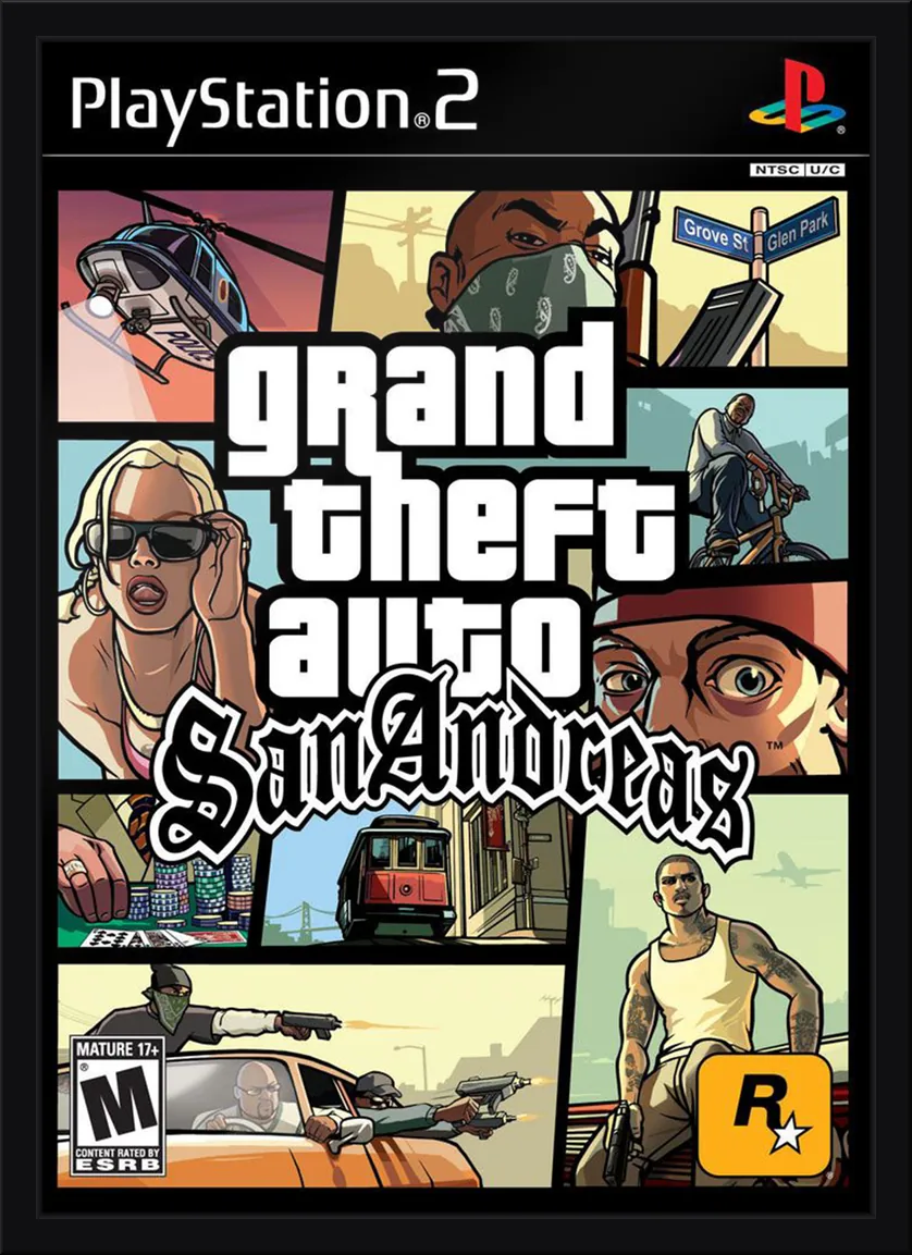 Quadro decorativo com a capa de GTA San Andreas em mosaico de personagens