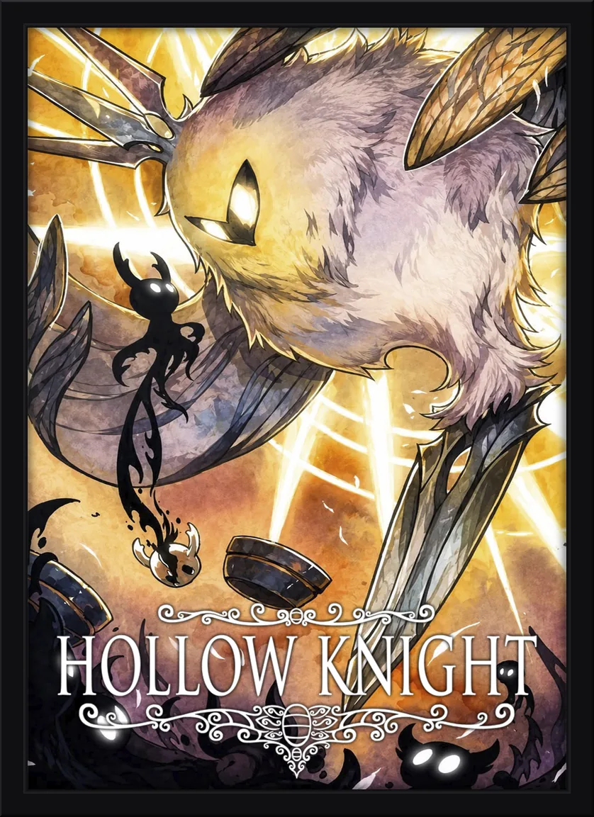 Quadro decorativo Hollow Knight enfrentando a criatura luminosa em fundo dourado