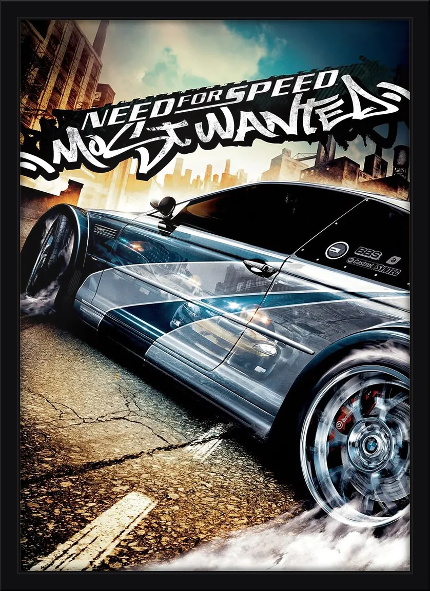 Quadro decorativo Need for Speed Most Wanted com o BMW M3 GTR prateado em movimento