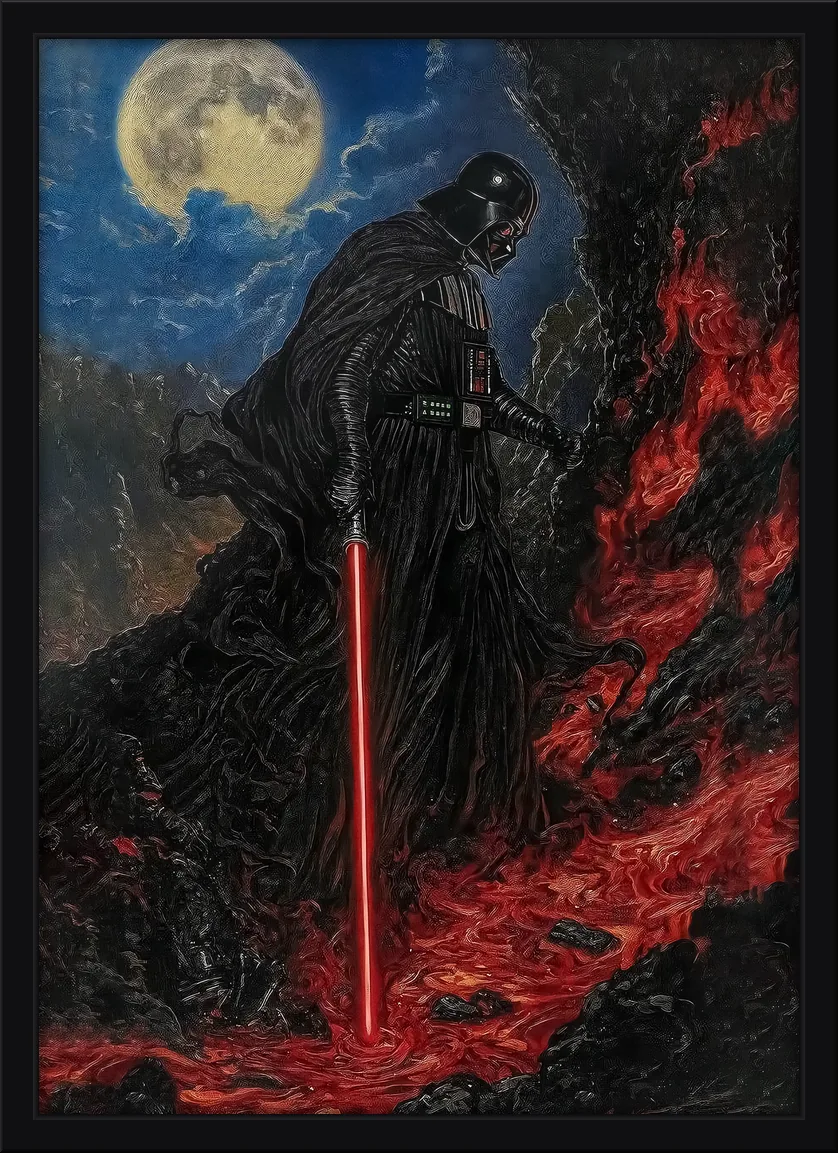 Quadro decorativo Darth Vader diante da lava de Mustafar sob a lua cheia