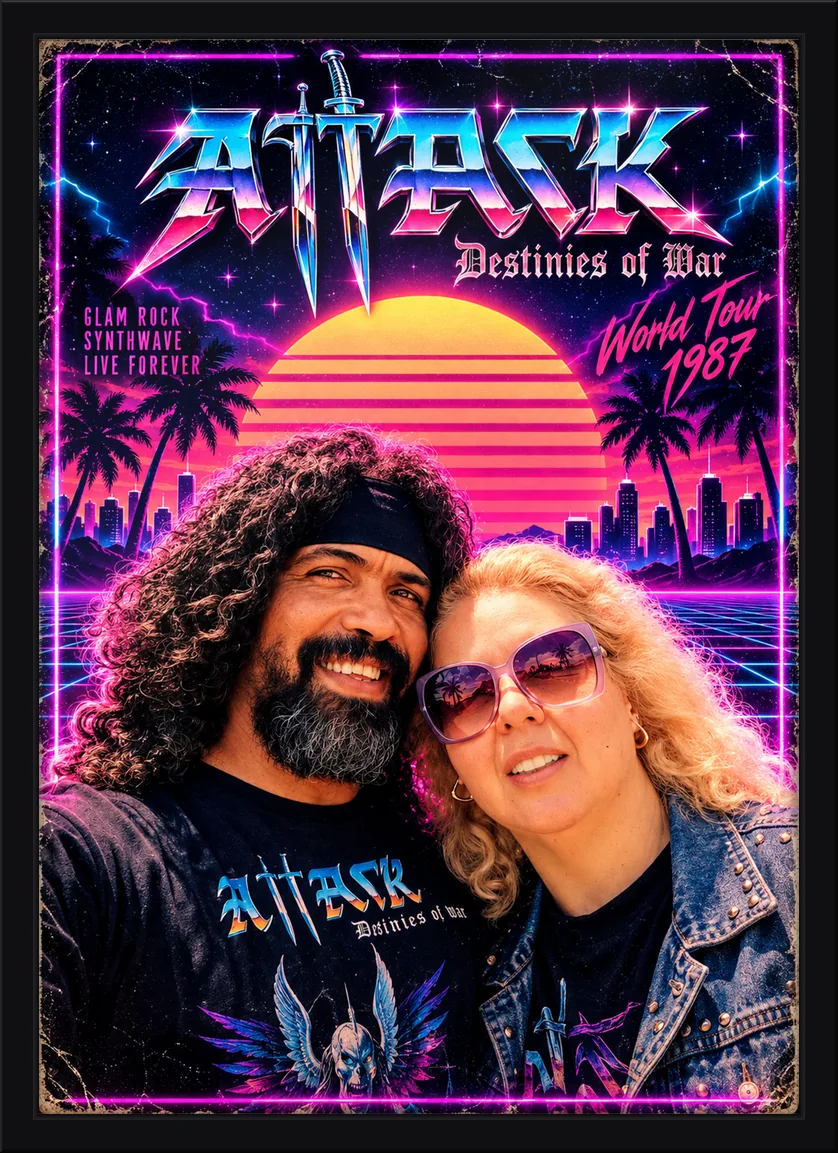Quadro decorativo de casal em arte synthwave dos anos 80, com pôr do sol neon